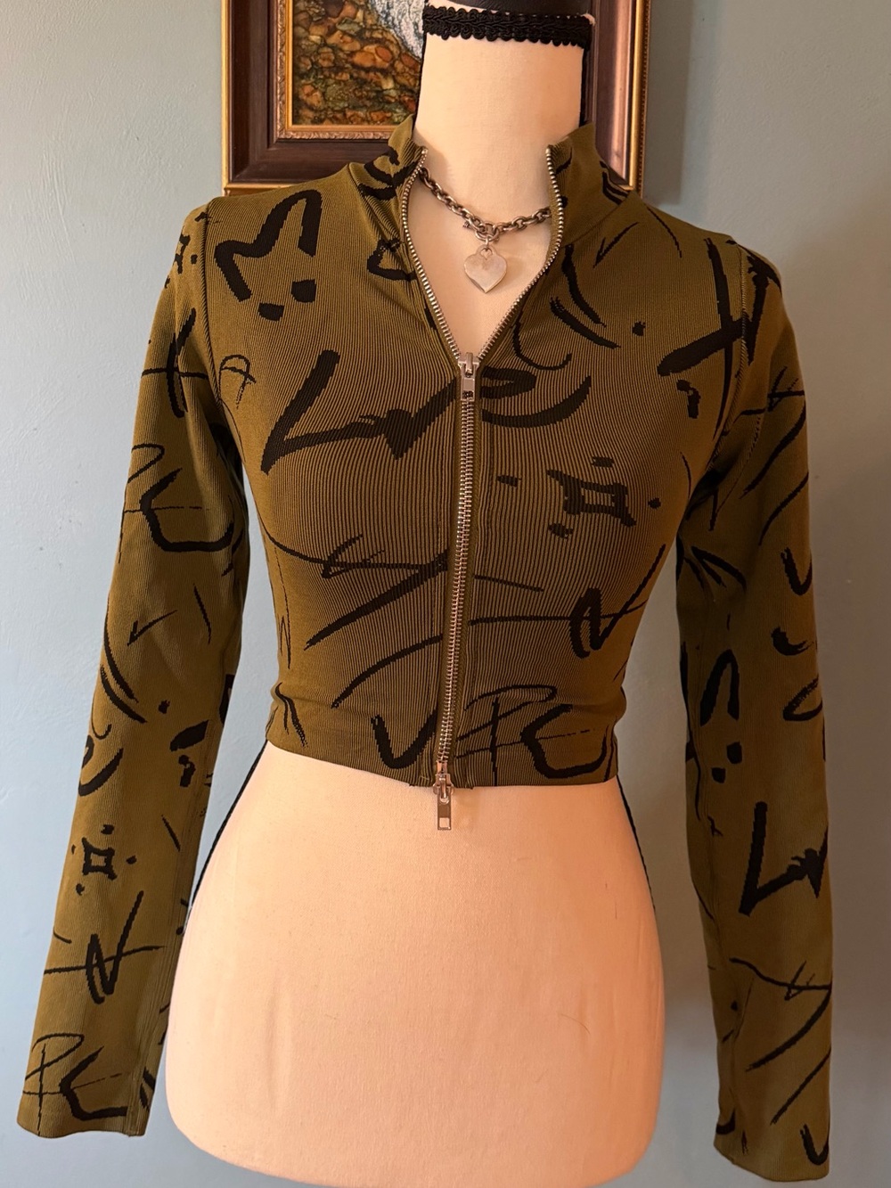 Mad Rag Graffiti Abstract Print Full Zip Crop Top Ribbed Olive Green S/M